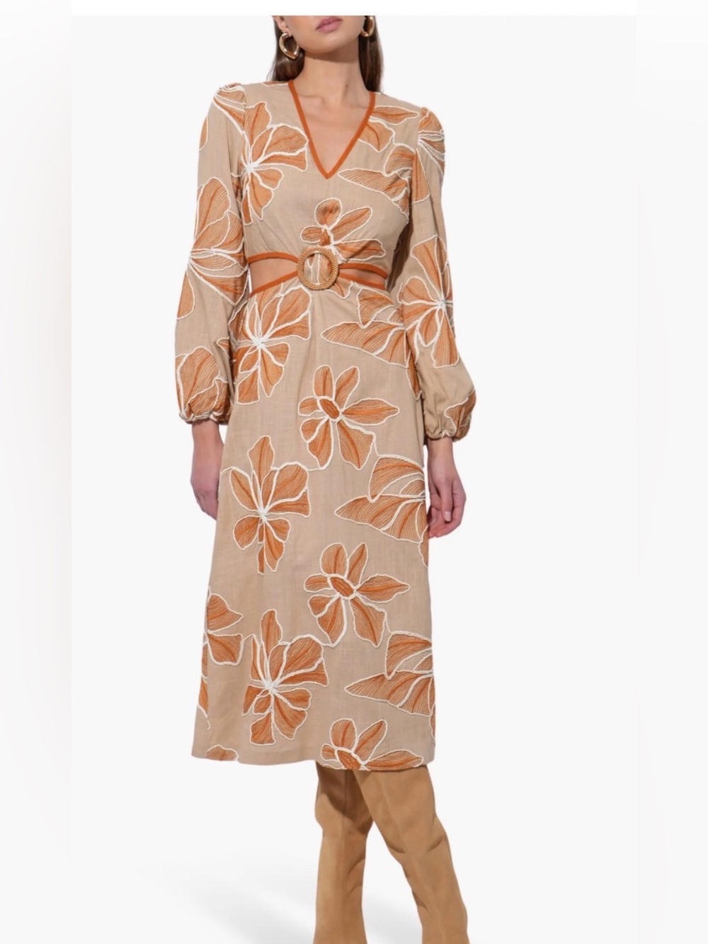 Adelyn Rae Joy Embroidered Side Cutout Long Sleeve Midi Dress Sz L